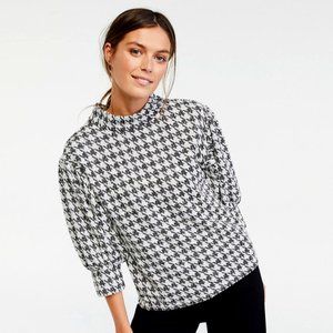 Houndstooth Mock Neck Puff Sleeve Top